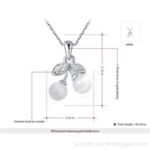 Fashion cat's eye pendant necklace for women, cherry fruit themed gold plated copper alloy